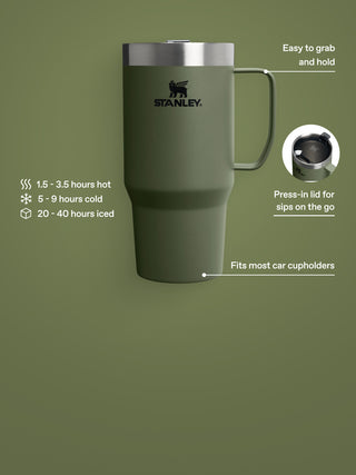 Easy to grab and hold. Press-in lid for sips on the go. Fits most car cupholders. 1.5-3.5 hours hot. 5-9 hours cold. 20-40 hours iced.